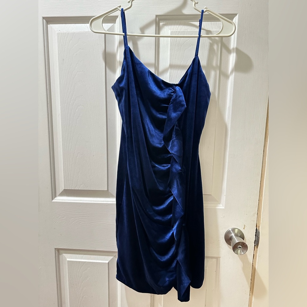 Blue Ruched Spaghetti Strap Cocktail Dress - Picture 2 of 5